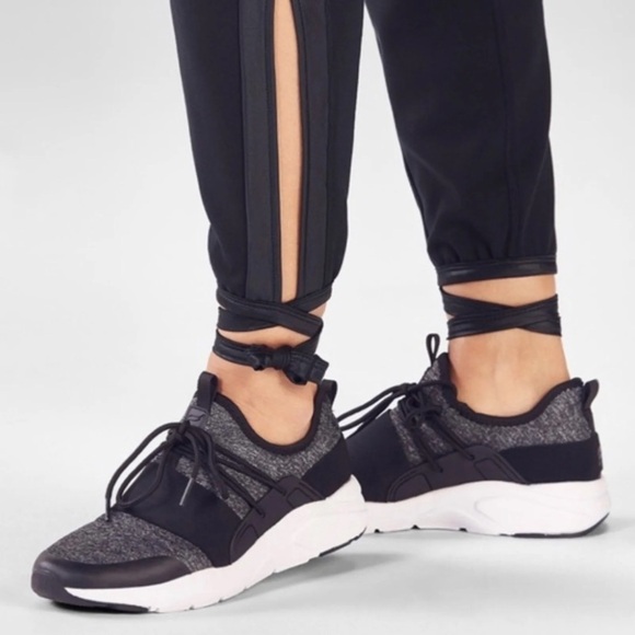 Fabletics Athletic Satin Stripe Black Kara Ankle Tie Jogger High Waisted Pants - Picture 3 of 8